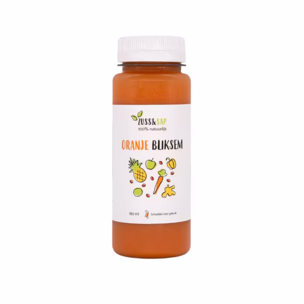 Flesje Oranje Bliksem van Zuss & Sap, een pittig groentesapje met wortel, pastinaak, gember, appel, ananas, limoen en goji bessen.