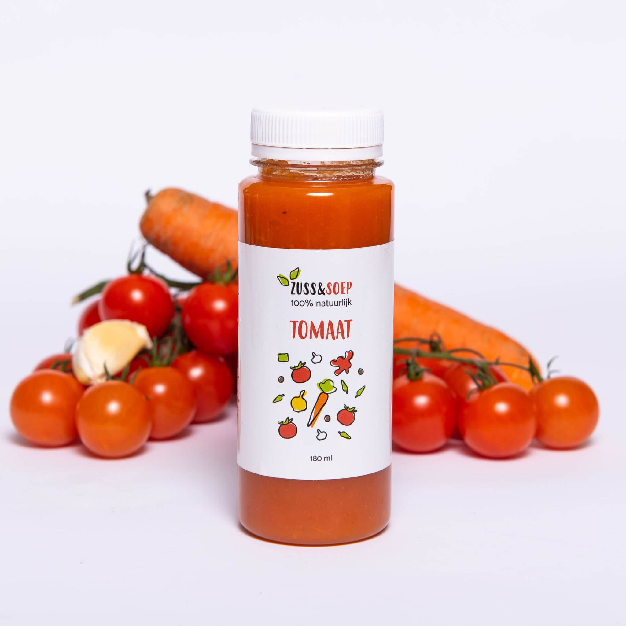 Flesje heerlijke, verse tomatensoep van Zuss & Sap, zonder toevoegingen