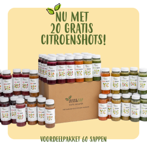 Actie van 60 groentesappen met 20 gratis citroenshots van Zuss & Sap