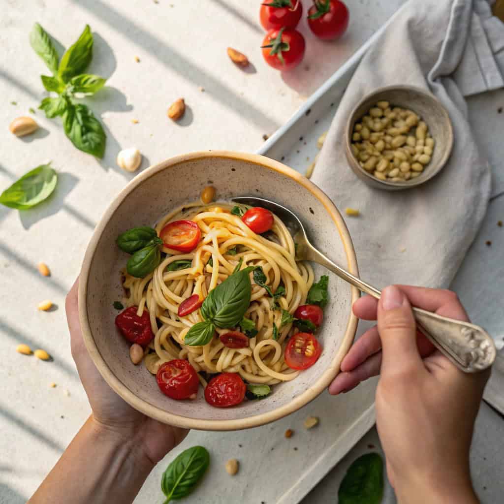 Pasta met tomaat, basilicum en sesamolie