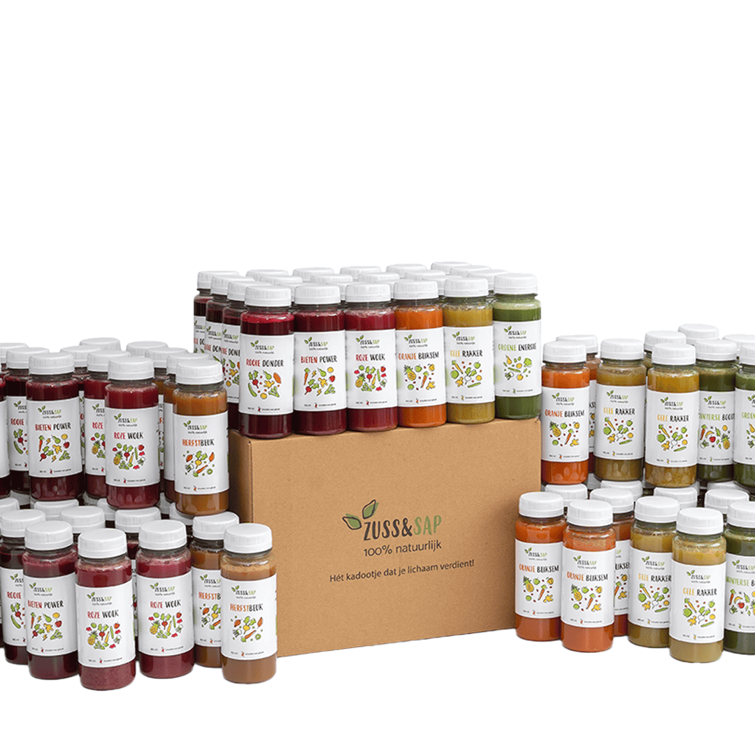 Zuss & Sap 100 Sappen pakket met een uitgebreide selectie van gezonde, duurzame en lokaal geproduceerde sappen.