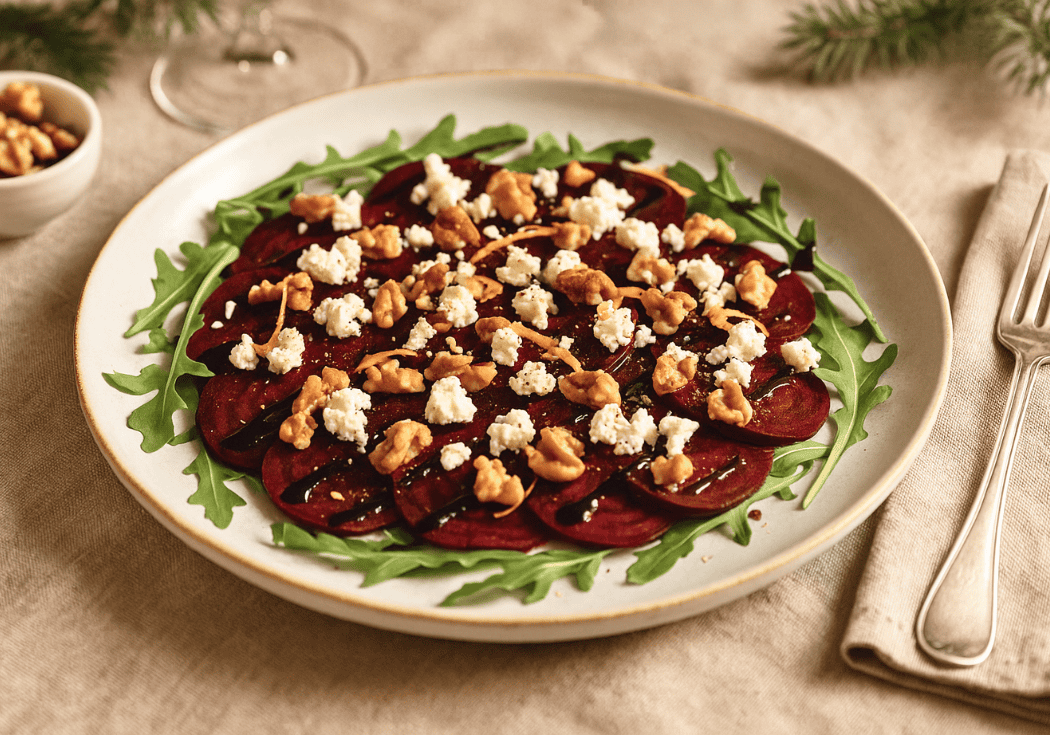 Bieten carpaccio met feta, walnoot & balsamico