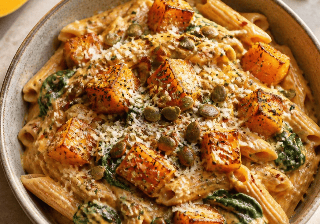 Romige pompoenpasta met spinazie